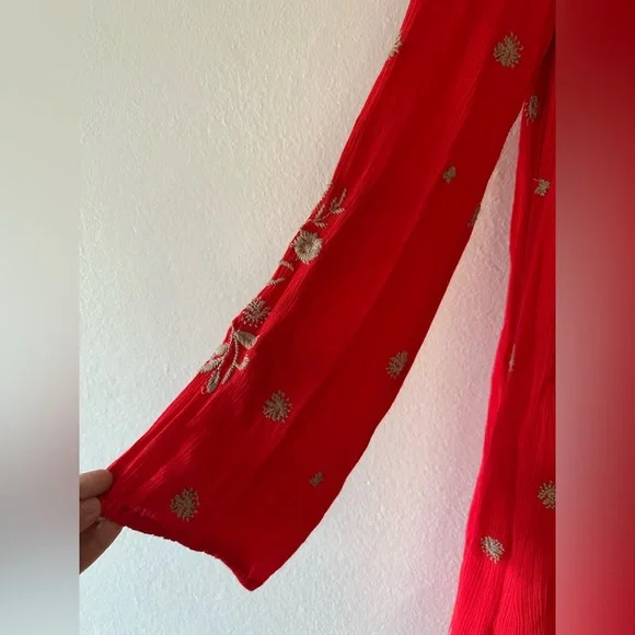 Free People red long sleeve open back floral embroidery mini dress size small. - Picture 6 of 15